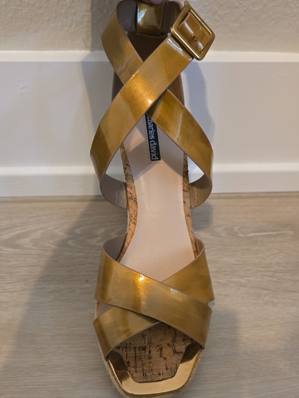 Charles David Metallic Gold Patent Leather Wedge Sandals - Size 9.5